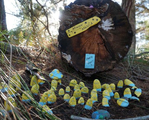 Rocks painted yellow and blue to look like Minions