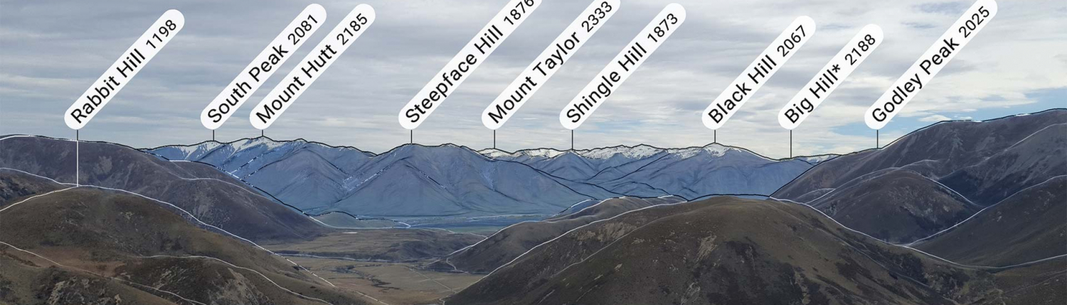 A screenshot of an app showing peak labels overlaid on a mountain range