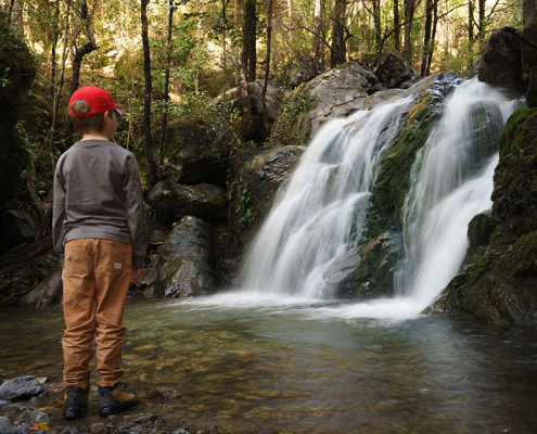 Family at a waterfall in New Zealand's South Island