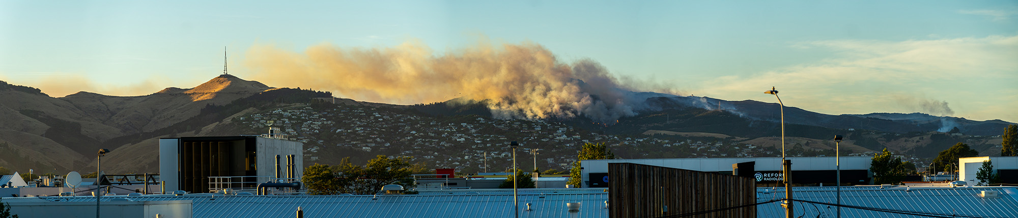 Panoramic photo of the 2024 Port Hills fire, Christchurch.